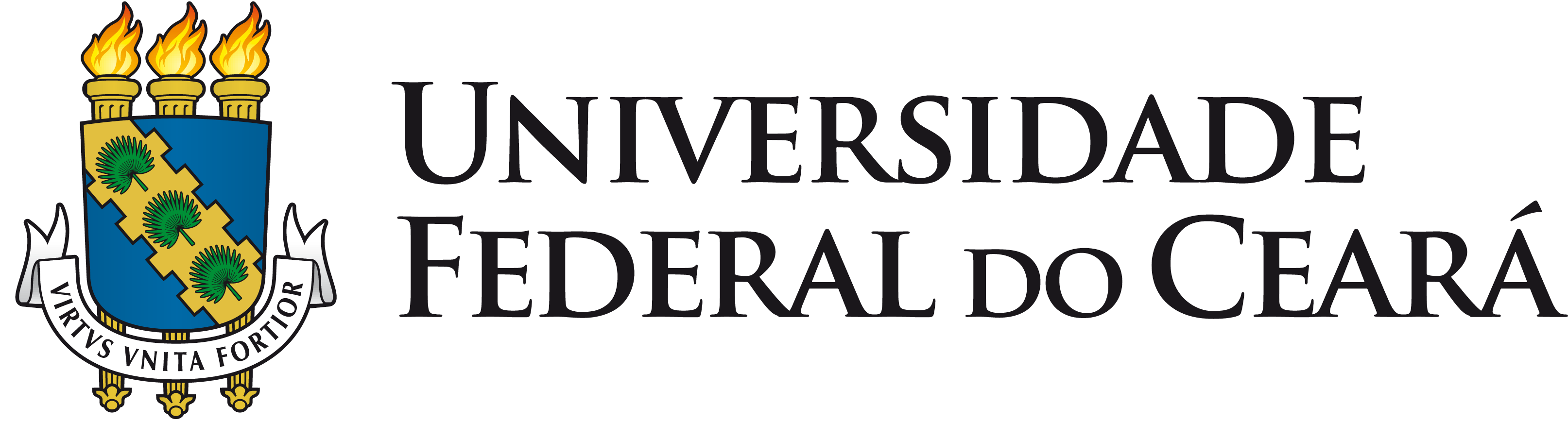 The image shows the coat of arms of the Federal University of Ceará. The coat of arms consists of a blue shield with a golden diagonal band containing three green stars. Above the band, there are three torches with lit flames. Below the shield, there is a banner with the Latin motto 'VIRTUS UNITA FORTIOR' (Virtue united is stronger). The inscription 'UNIVERSIDADE FEDERAL DO CEARÁ' is positioned horizontally next to the shield, in uppercase letters and in black. The design is formal and represents the educational institution's visual identity, suggesting tradition and academic seriousness.