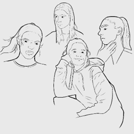 The image displays four sketches of a comic book character named Julia. Each sketch portrays Julia with different expressions and poses. She has straight, long hair and soft, feminine features. In the top left sketch, Julia appears smiling and looking forward. In the top right sketch, we see Julia in profile, with a serene look. In the bottom left, she is resting her head on her hand, reflecting a thoughtful or relaxed pose. In the bottom right drawing, we see Julia from the side, looking over her shoulder with a contemplative expression. The sketches are linear and minimalist, without shading or color, suggesting they may be part of character development or expression studies.
