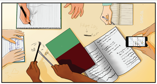 The image shows a top-down view of a table where several people are studying or working. There are hands of different skin tones engaged in various activities. In the upper left corner, one hand is writing in a lined notebook. Next to it, another hand rests on an open notebook. In the center, a hand holds a closed book with a green and red cover, while another nearby hand writes with a black pencil. In the lower right corner, one hand holds a cellphone while another writes in an open lined notebook, suggesting note-taking or reading. The table contains small papers, scribbles, and a loose pencil. The scene conveys an atmosphere of collaborative study and diversity.