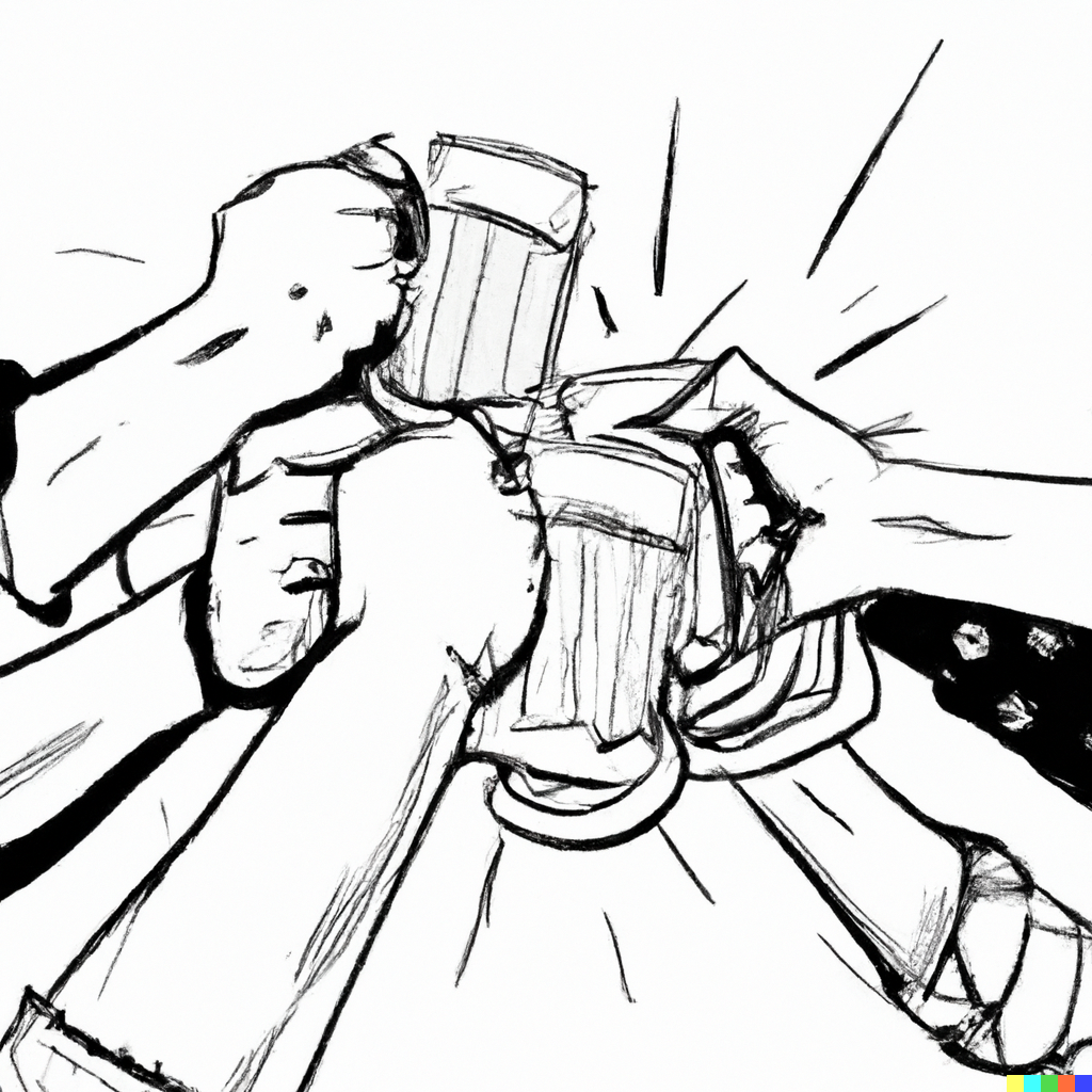 A imagem é um esboço em preto e branco de quatro mãos em uma ação dinâmica, cada uma segurando uma caneca de cerveja. As canecas parecem estar batendo uma contra a outra em um brinde, como indicado pelas linhas de movimento que emanam do ponto de impacto. A perspectiva é tal que as mãos e as canecas são o foco principal, com as linhas de movimento sugerindo vigor e celebração. Não há detalhes finos ou cores, o que dá à imagem uma sensação de ser um rascunho ou conceito artístico.