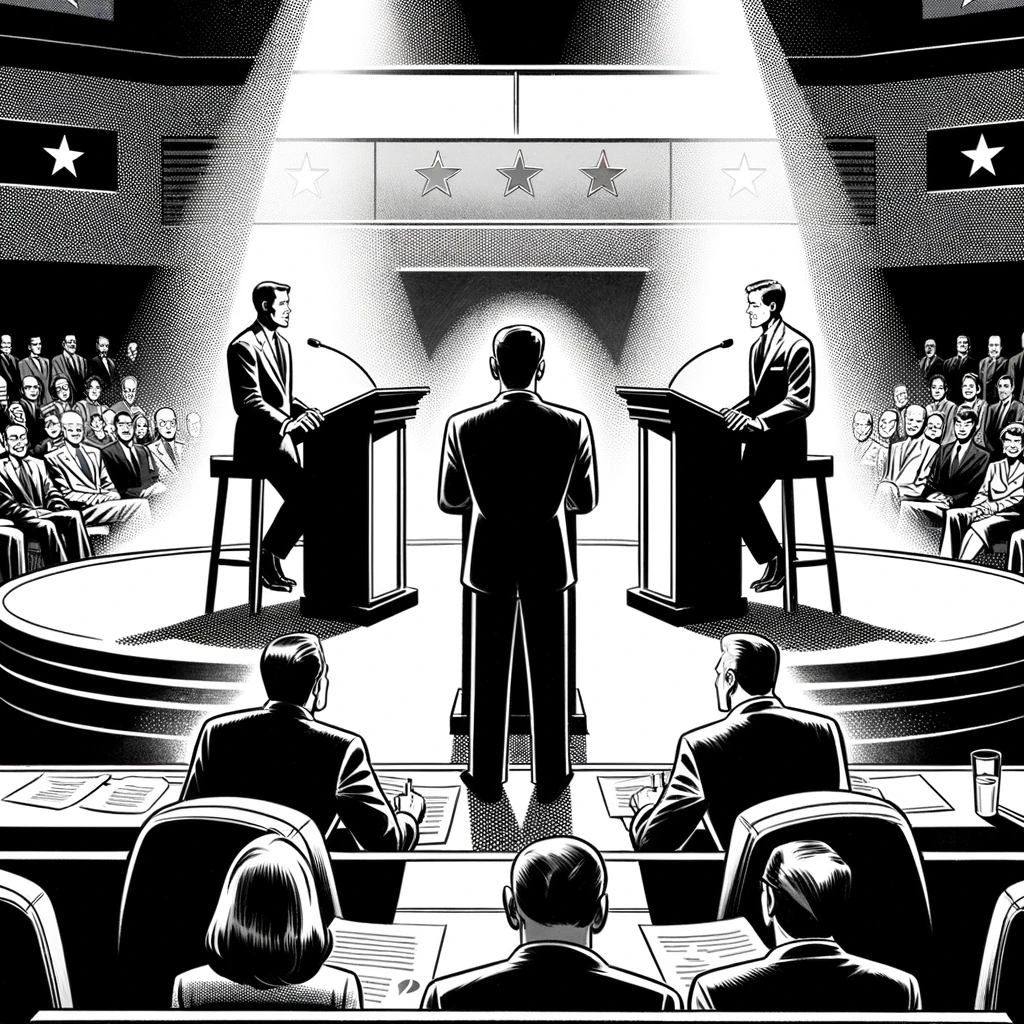 A imagem é uma ilustração em preto e branco de um debate político. No centro, um moderador está de costas para o espectador, diante de três candidatos que estão em púlpitos. Os candidatos estão voltados para o público, cada um em um púlpito elevado, e parecem estar respondendo ou aguardando perguntas. O candidato à esquerda está com uma mão no púlpito e a outra ao lado do corpo, o candidato do meio está com as mãos apoiadas no púlpito, e o candidato à direita apoia uma mão no púlpito e a outra no quadril. Eles estão vestidos formalmente em ternos escuros. No primeiro plano, há um painel com quatro pessoas sentadas, provavelmente os juízes ou jornalistas, que estão tomando notas. Acima deles, há uma audiência atenta assistindo ao debate. O cenário é um auditório circular com um teto alto e iluminação direcionada para o palco, onde cinco estrelas grandes adornam o fundo, simbolizando talvez a bandeira nacional ou o emblema de uma campanha. O estilo da ilustração é dramático, com contrastes fortes e sombreamento, enfatizando a gravidade e o formalismo do evento. A perspectiva escolhida coloca o espectador na posição do moderador, como se estivesse participando ou assistindo ao debate de uma posição privilegiada.