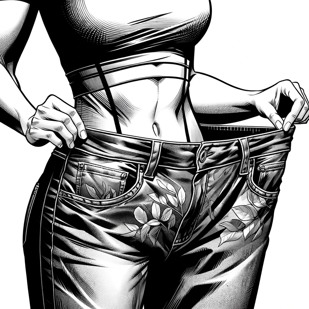 A imagem é uma ilustração em preto e branco que mostra o torso de uma mulher vestindo um top preto e uma calça jeans com um cinto. A pessoa está segurando a cintura da calça, que parece ser grande demais, indicando que ela pode ter perdido peso. A calça tem um desenho estilizado de folhas na lateral do bolso traseiro. O foco está nos detalhes realistas do corpo e da roupa, com um sombreamento que ressalta a textura do tecido e a forma do corpo. A atenção meticulosa aos detalhes, como o padrão do tecido do jeans, os contornos dos músculos abdominais e a suave sombra que define o umbigo, cria uma representação hiper-realista. A imagem pode sugerir temas de fitness, saúde, emagrecimento ou transformação pessoal.