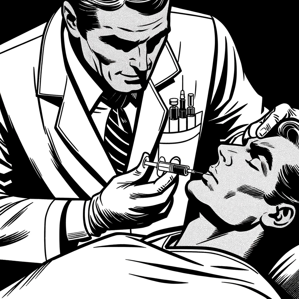 A imagem é uma ilustração em preto e branco que retrata uma cena de procedimento estético. Um homem vestido com um jaleco branco, que sugere ser um profissional de saúde ou um esteticista, está aplicando uma injeção no rosto de outro homem que está deitado e parece estar relaxado com os olhos fechados. O profissional, com uma expressão concentrada, segura uma seringa com precisão próximo à área da testa ou do olho do homem deitado, o que poderia indicar uma aplicação de botox ou outro tratamento estético facial. No bolso da frente do jaleco, na altura do peito, há várias outras seringas, reforçando a ideia de que o procedimento ocorre em um ambiente médico ou de estética. O estilo da ilustração é detalhado e dramático, com sombras e linhas fortes que criam um contraste acentuado, característico de imagens em estilo noir ou de quadrinhos clássicos.