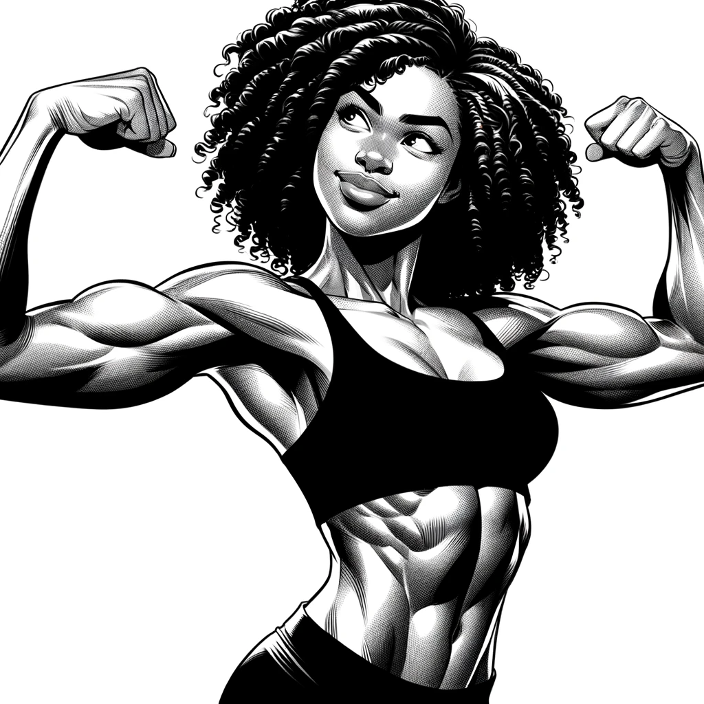 A imagem é uma ilustração em preto e branco de uma mulher com uma expressão confiante e poderosa, exibindo seus músculos. Ela tem cabelos encaracolados volumosos e uma fisionomia de orgulho e força. Seus braços estão flexionados em uma clássica pose de fisiculturista, destacando os músculos bem definidos. A ilustração é detalhada e estilizada, com sombreamento e linhas que enfatizam o contorno dos músculos e a forma física. Esta representação pode sugerir temas de poder, confiança e autoestima.