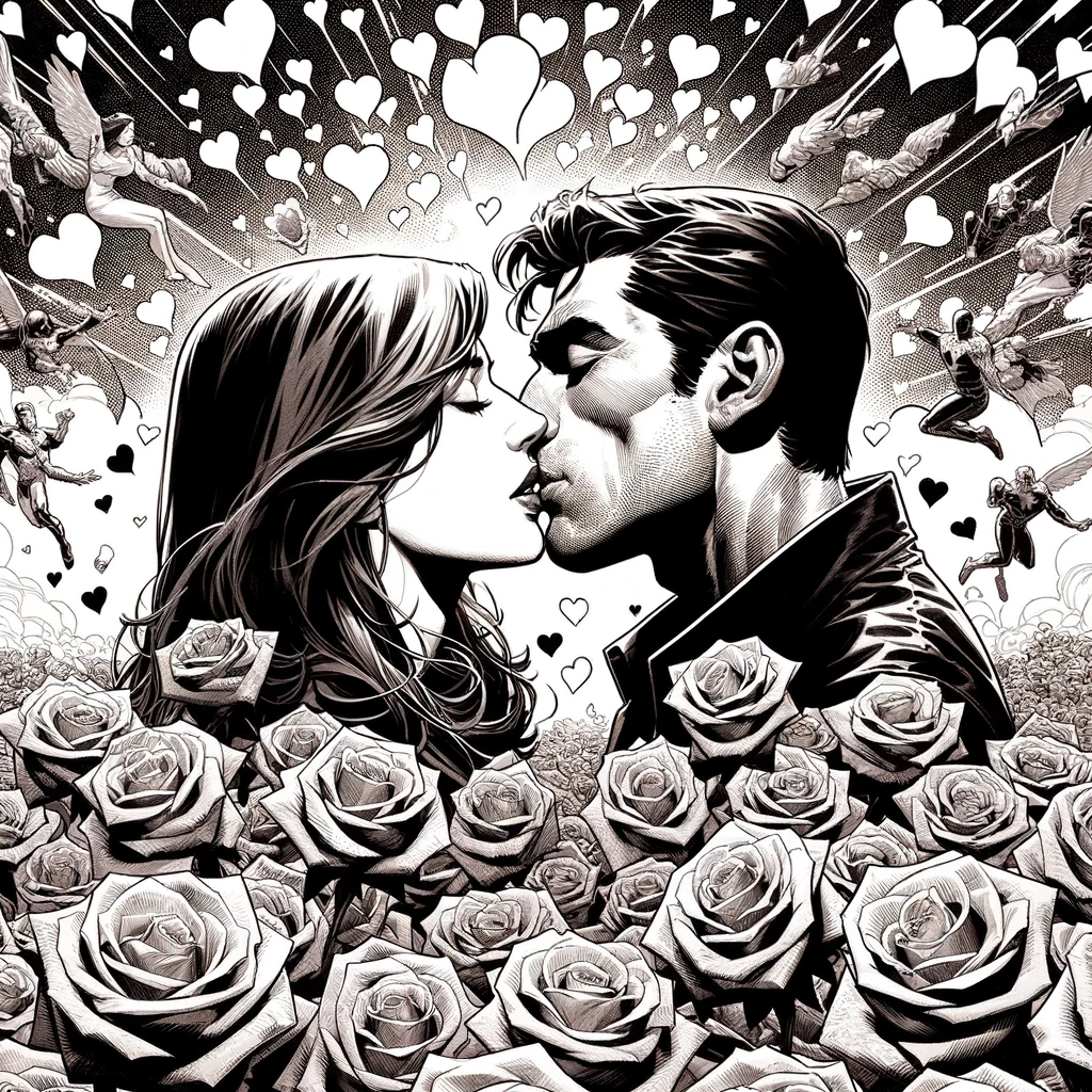 A imagem é uma ilustração em preto e branco de um casal se beijando. Eles estão no centro da imagem, com o homem inclinando-se para a mulher em um gesto romântico. Ambos têm uma aparência estilizada, reminiscente de personagens de quadrinhos. O homem usa uma jaqueta e a mulher tem cabelos longos e ondulados. Ao redor do casal, há um fundo repleto de símbolos românticos - corações flutuantes de vários tamanhos e anjos voadores. No primeiro plano, há um mar de rosas detalhadas, adicionando um toque de romance e beleza ao momento capturado. A ilustração é rica em detalhes e texturas, desde os traços delicados dos rostos até as pétalas intricadas das rosas, tudo sob um céu cheio de corações e figuras angelicais, criando uma atmosfera intensamente romântica.