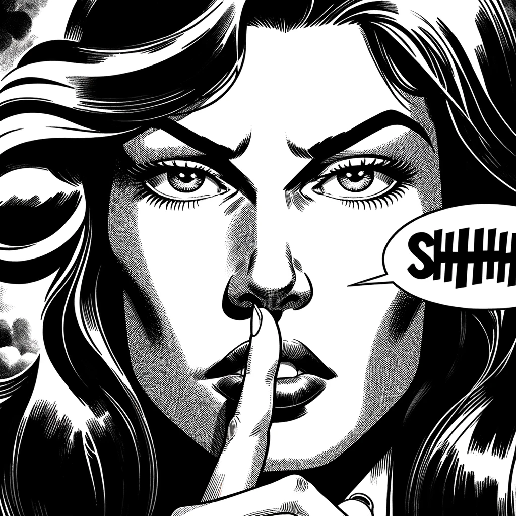 A imagem é uma ilustração em preto e branco que mostra o rosto de uma mulher com um dedo sobre os lábios em um gesto de silêncio. Ela tem expressão séria e olhar intenso. Seus cabelos são ondulados e caem graciosamente ao redor de seu rosto. O detalhe é realista e estilizado, com contraste de luz e sombra que acentua as feições, como as ondas do cabelo, os olhos bem definidos, e as sombras suaves nos lábios e no nariz. Da boca da mulher sai uma fala em forma de nuvem com a palavra "SHHHH", sugerindo que ela está pedindo silêncio. O estilo da ilustração é reminiscente de uma estética de quadrinhos ou pop art, com linhas nítidas e sombreamento em hachura para criar profundidade e textura. A imagem transmite uma sensação de mistério ou segredo, potencialmente em um contexto de suspense ou intriga.