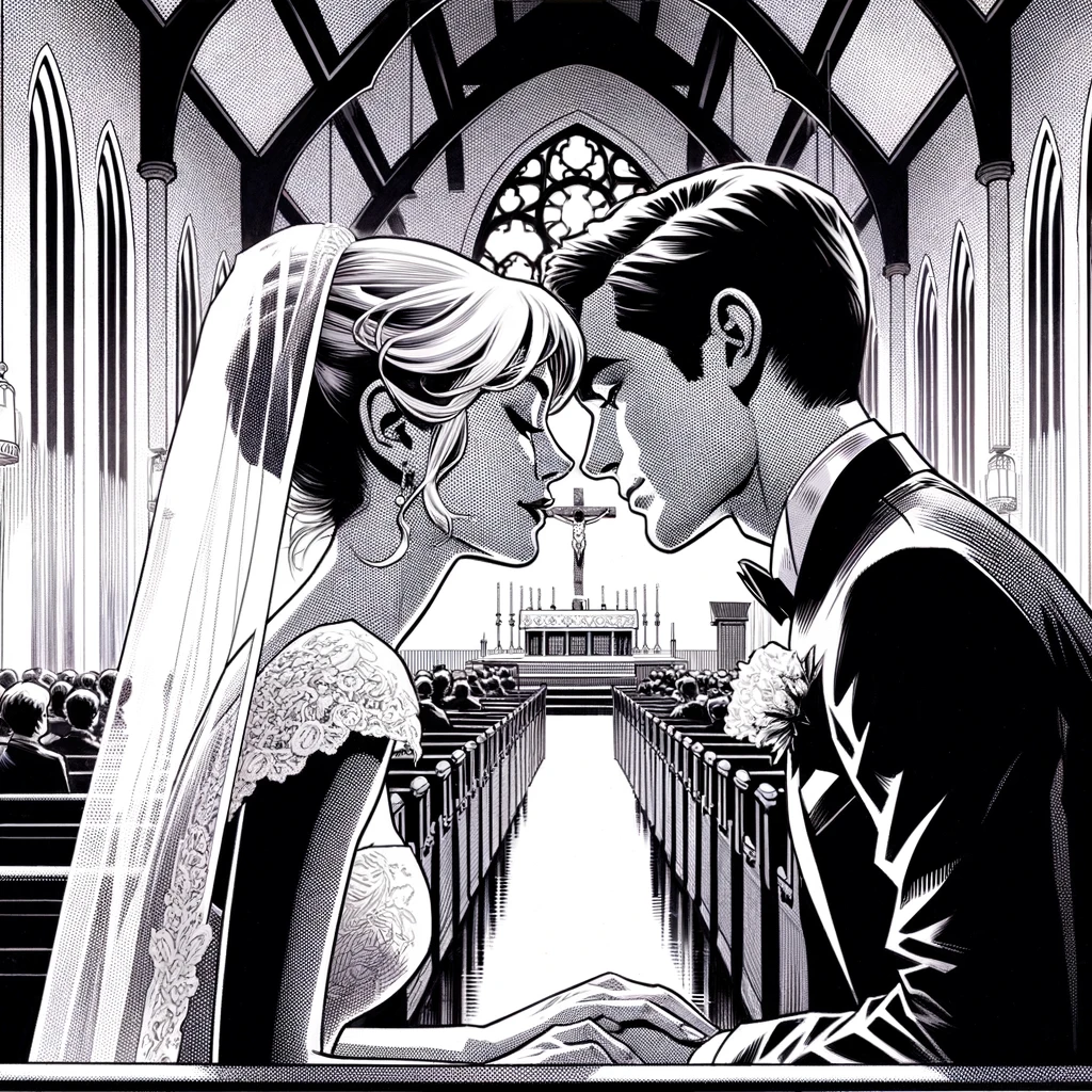 A imagem é uma ilustração em preto e branco de um casal no altar de uma igreja no momento de seu casamento. A noiva, à esquerda, usa um vestido tradicional com rendas e um véu longo; seu cabelo está arranjado em um penteado elegante. O noivo, à direita, está vestido em um smoking clássico com uma flor na lapela. Eles estão de mãos dadas e inclinam-se um em direção ao outro, quase tocando as testas, em um gesto íntimo e amoroso. Atrás do casal, os convidados estão sentados nos bancos da igreja, observando a cerimônia. A arquitetura da igreja inclui arcos góticos altos e um grande vitral circular acima do altar, onde uma cruz é o ponto focal. O uso de luz e sombra na ilustração cria um contraste dramático que realça o casal e a arquitetura ao redor, conferindo um ar de solenidade e beleza ao momento capturado.