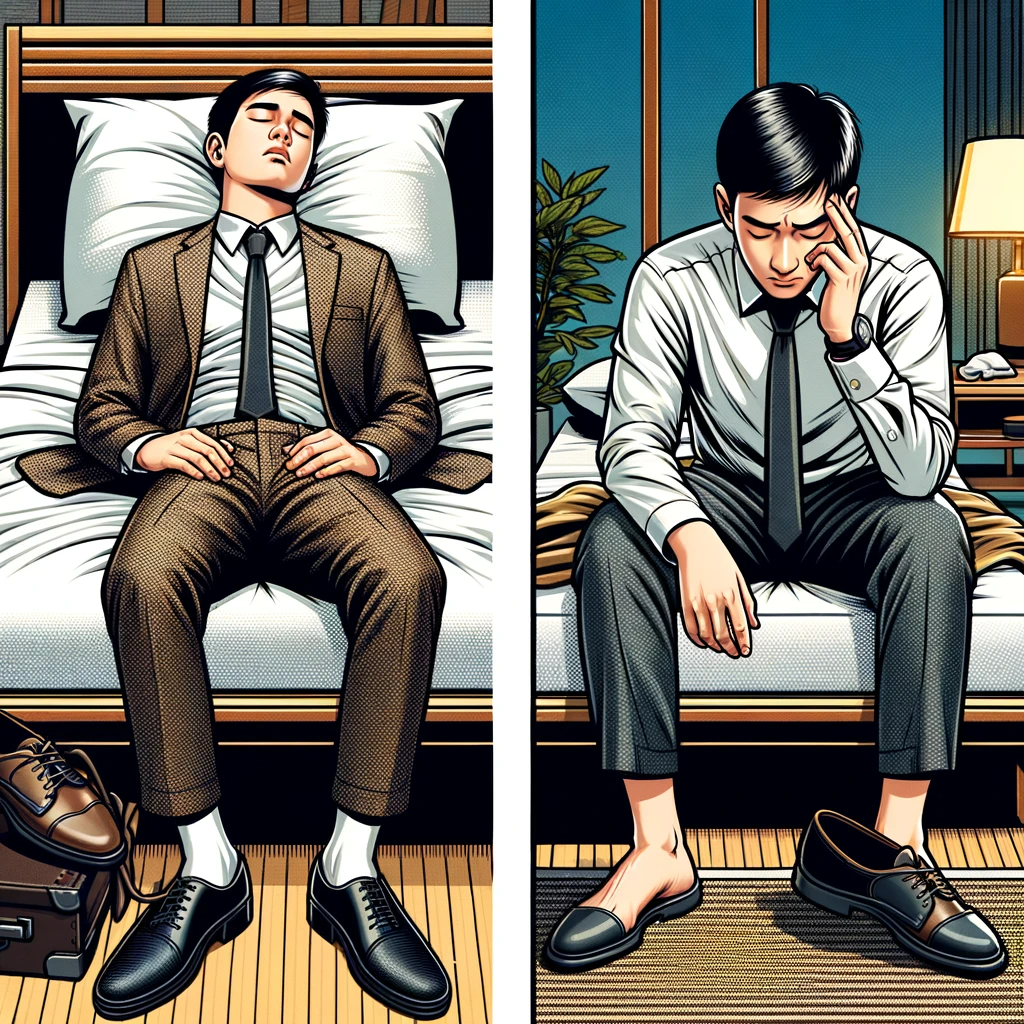 "A ilustração é dividida em duas cenas que compartilham um estilo artístico semelhante ao de uma história em quadrinhos. No lado esquerdo, um homem de ascendência asiática está dormindo profundamente em sua cama. Ele está vestindo um traje de escritório completo, incluindo um terno marrom, camisa branca e gravata preta. Seus pés estão calçados com sapatos formais pretos, e ele está deitado de costas com as mãos sobre o estômago, em uma postura relaxada. A cama tem lençóis azuis e está localizada em um quarto confortável e bem decorado, com um visual tradicional. No lado direito, o mesmo homem está sentado na beira da cama, agora acordado. Ele tem uma expressão de dor e desconforto enquanto segura a testa com a mão direita, indicando uma dor de cabeça. Ele ainda está vestido com sua roupa de trabalho, mas seus sapatos foram removidos e estão ao lado da cama, sugerindo que ele acaba de acordar.